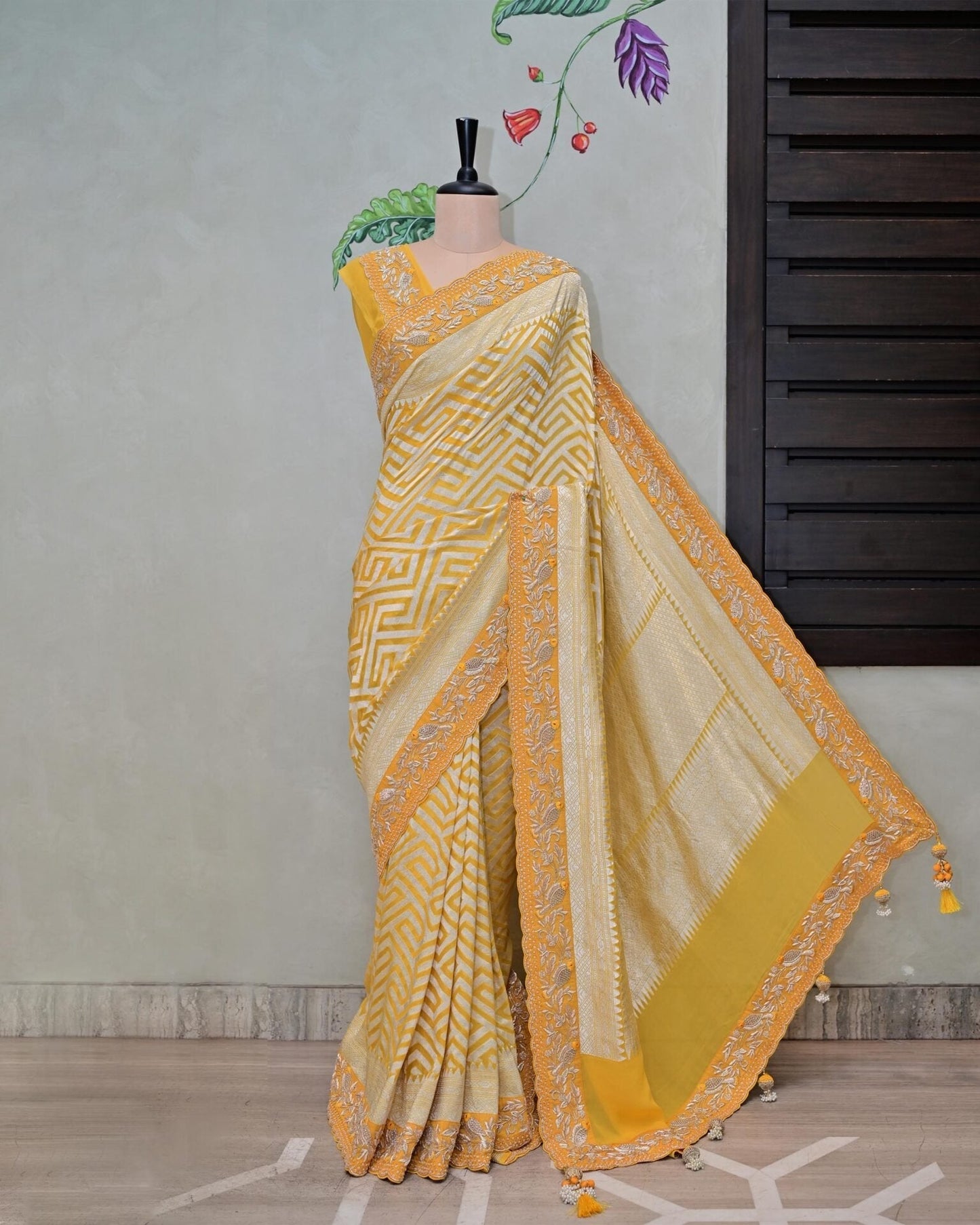 Yellow Khaddi Saree with Bird Border image 4