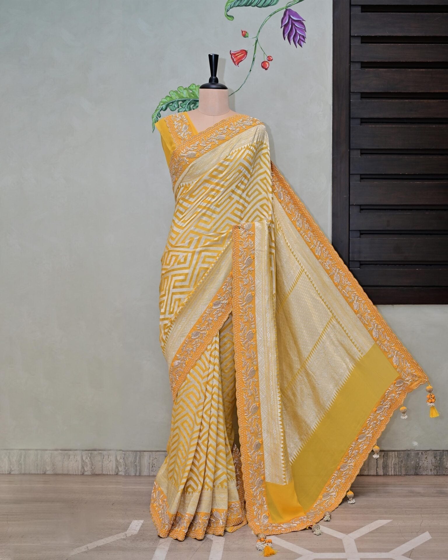 Yellow Khaddi Saree with Bird Border image 4