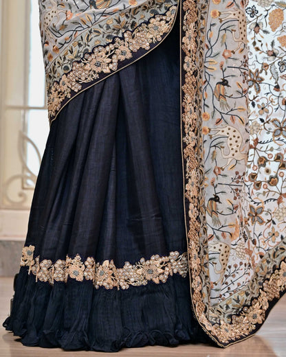 Gray Saree with Kashmiri Palla and Frill Border image 4