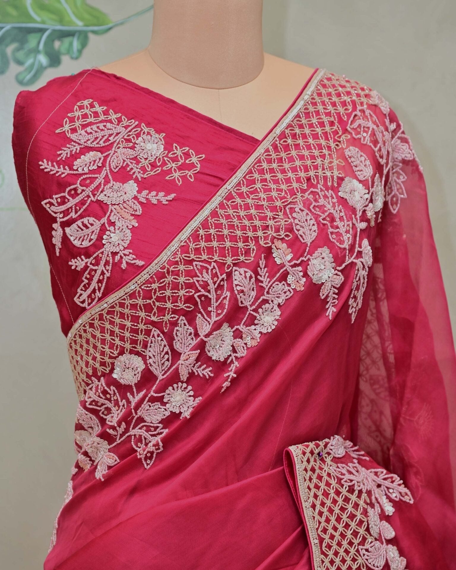 Deep Pink Organza Saree with Beadwork image 2