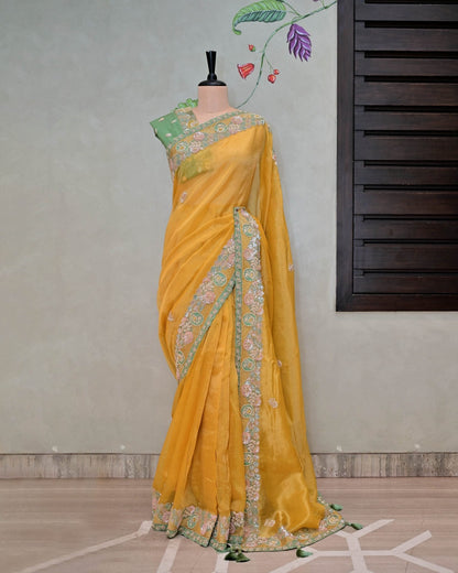 Yellow Tissue Saree with Sequence and Cutdana Work image 4