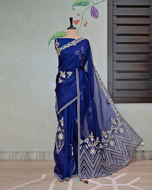 Ink Blue Organza Saree with Big Boota and V-Flower Design image 1