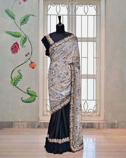 Gray Saree with Kashmiri Palla and Frill Border image 1