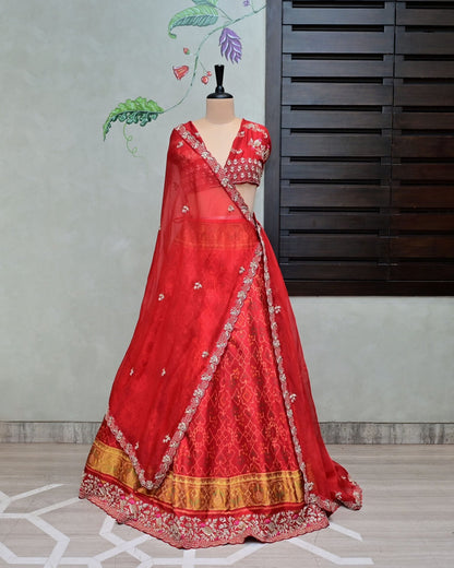 Red Patola Silk Lehenga with Organza Dupatta image 0