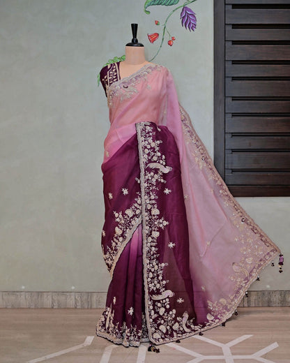 Shaded Wine Organza Saree image 0