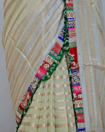 Green Stripe Handloom Saree with Patch Border image 3