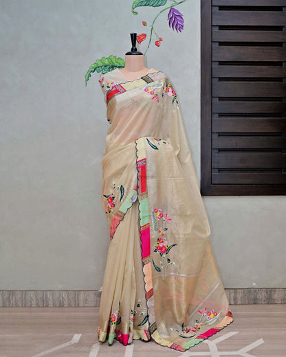 Tissue Handloom Saree with Multipatch Border and Embroidery image 0