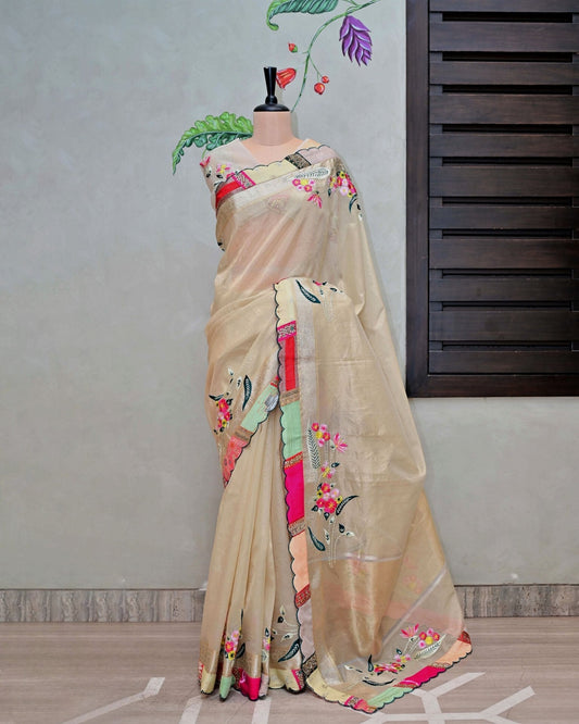 Tissue Handloom Saree with Multipatch Border and Embroidery image 0