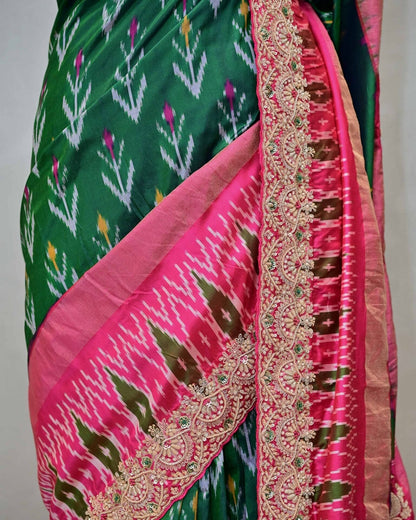Green Patola Saree with Pink Border image 4