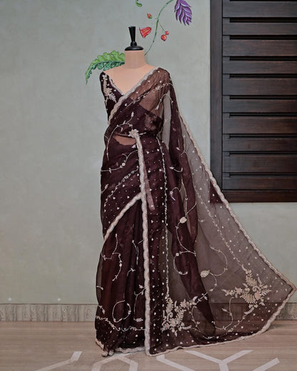 Brown Organza Jaal Saree image 0