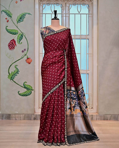 Wine Kalamkari Palla Saree image 0