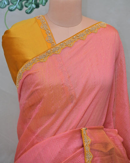 Peach Handloom Saree with Yellow Border and Matching Blouse image 2