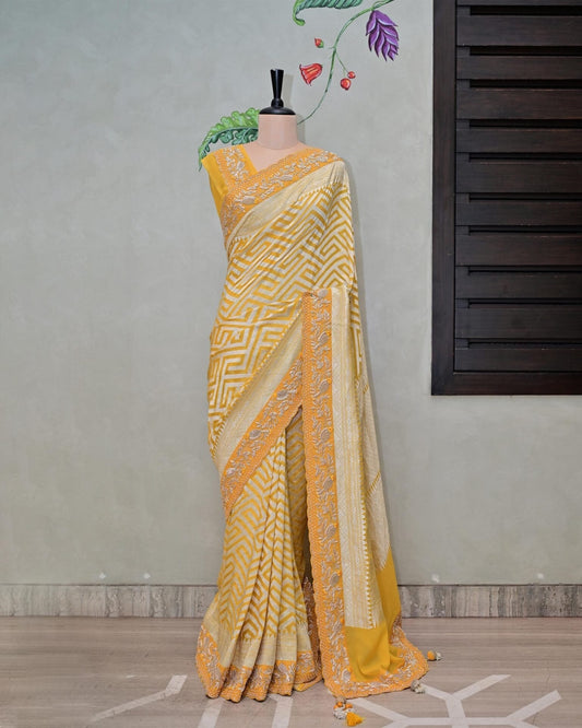 Yellow Khaddi Saree with Bird Border image 0