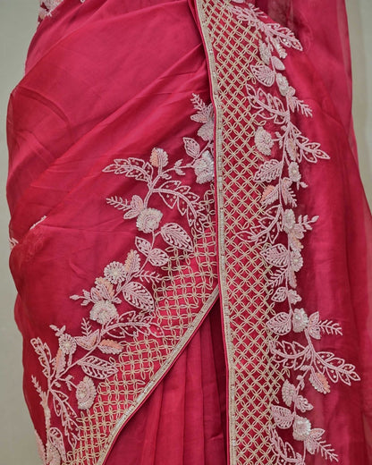 Deep Pink Organza Saree with Beadwork image 3