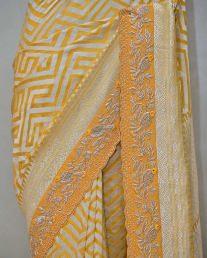 Yellow Khaddi Saree with Bird Border image 2