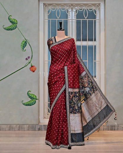 Maroon Silk Saree with Jungle Border image 2
