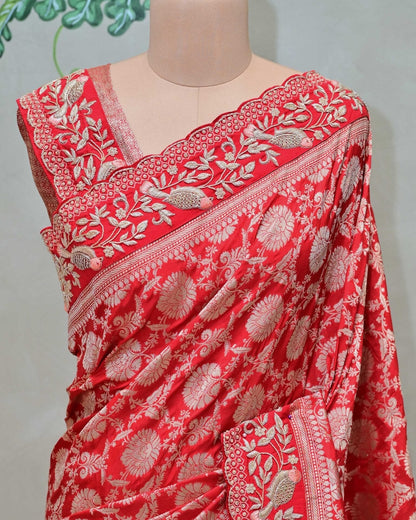 Red Benarasi Silk Saree with Bird Border image 1