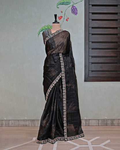 Black Organza Saree with Self Design and Work Border image 4
