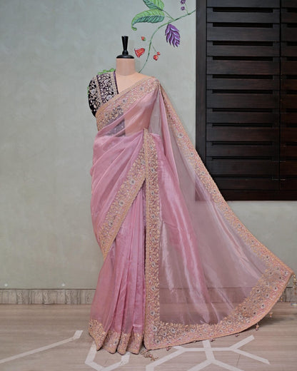 Mauve Tissue Saree with Cutdana Border image 0