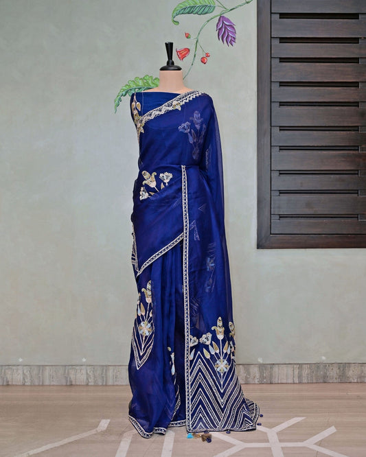 Ink Blue Organza Saree with Big Boota and V-Flower Design image 0