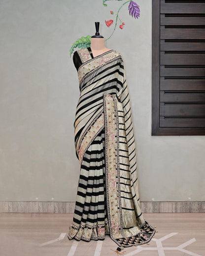 Black Khaddi Saree with White Stripes image 0