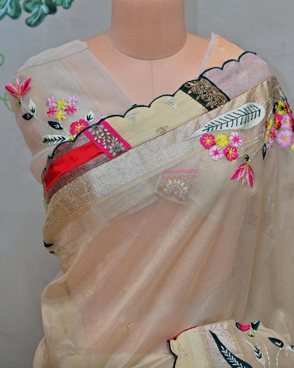 Tissue Handloom Saree with Multipatch Border and Embroidery image 2