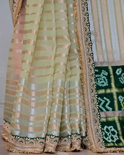 Green Stripe Tissue Saree with Ghatchola Palla and Fancy Edges image 4