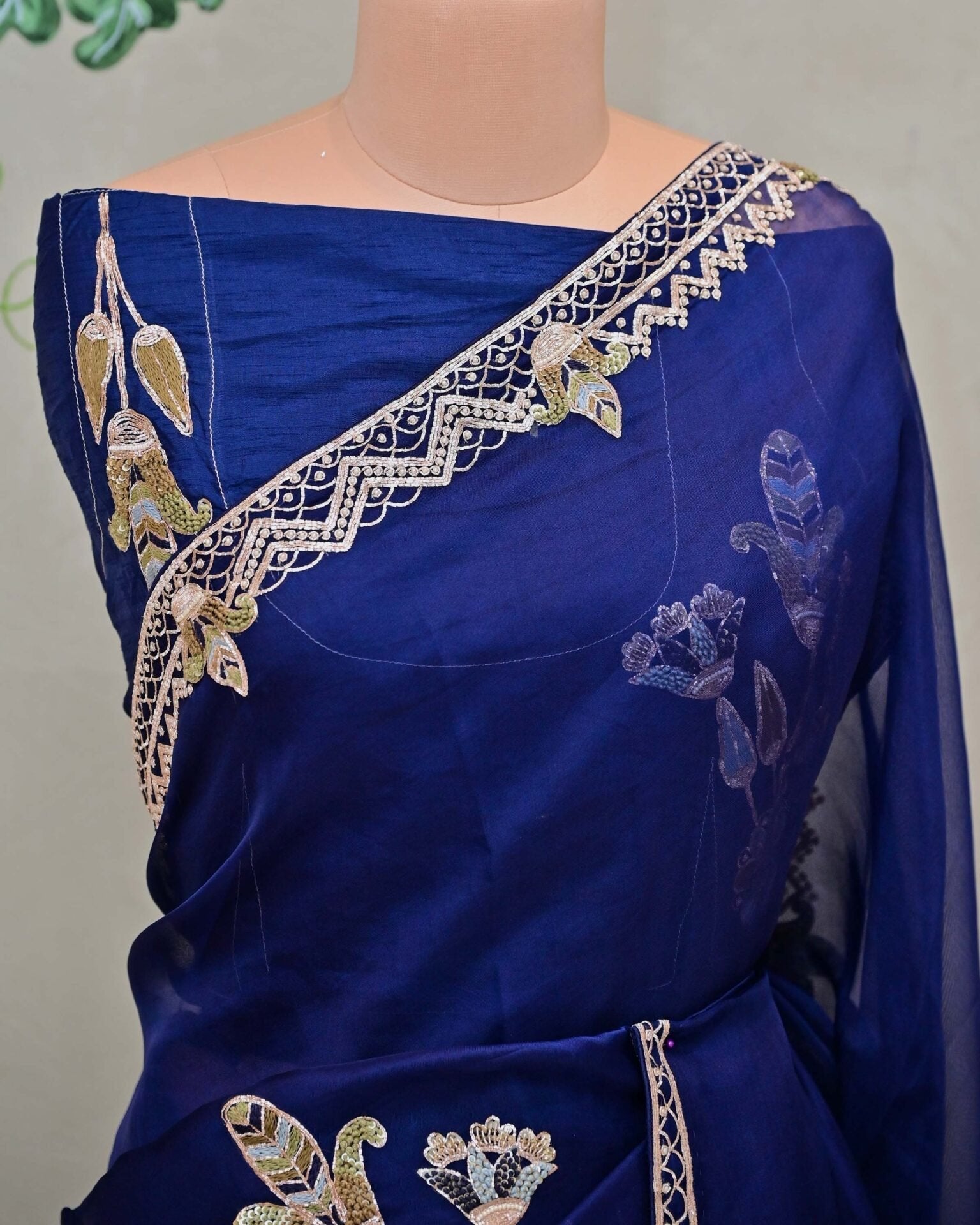 Ink Blue Organza Saree with Big Boota and V-Flower Design image 2
