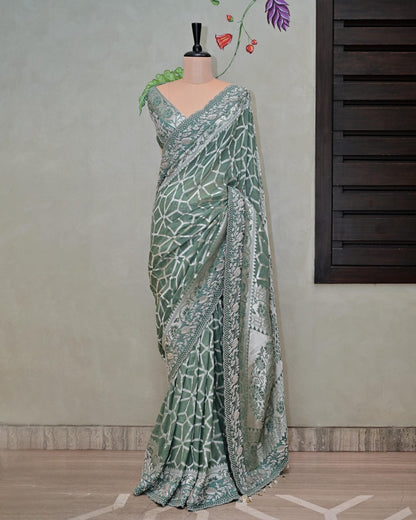 Green Khaddi Saree with Bird Border image 0