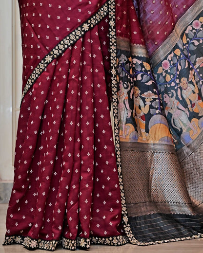 Wine Kalamkari Palla Saree image 4