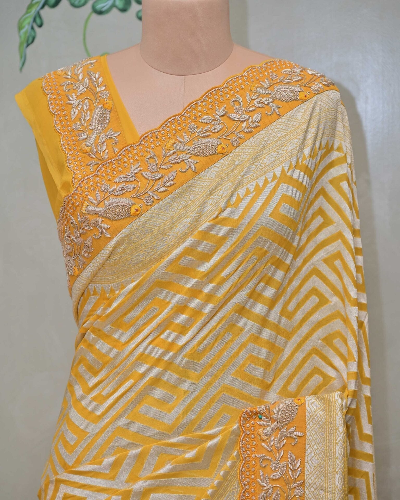 Yellow Khaddi Saree with Bird Border image 1