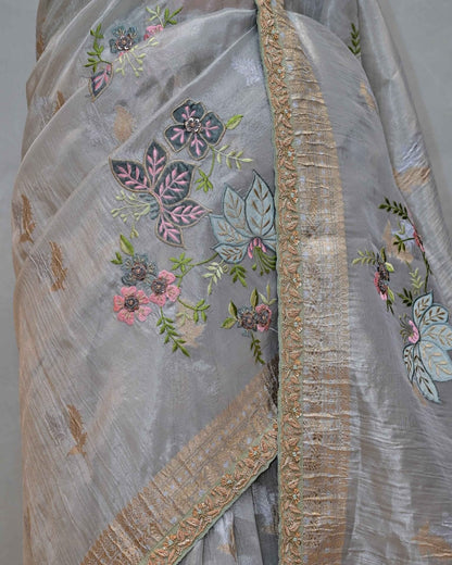 Gray Tissue Saree with Sky Blue Floral Patchwork image 3