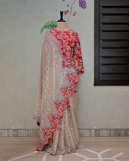 Tissue Stripe Saree with Red Bandhani Blouse image 0