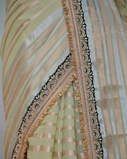 Green Stripe Tissue Saree with Ghatchola Palla and Fancy Edges image 3