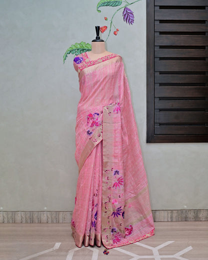 Pink Handloom Saree with Kairi Applique Embroidery image 0