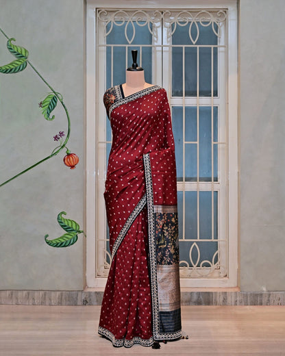 Maroon Silk Saree with Jungle Border image 0