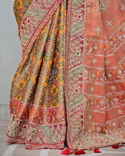 Yellow Tissue Patola Saree with Hand-Stitched Floral Border image 3