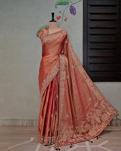 Rust Tissue Saree with Peacock Work Palla image 0