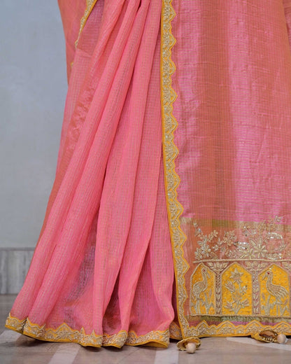 Peach Handloom Saree with Yellow Border and Matching Blouse image 4