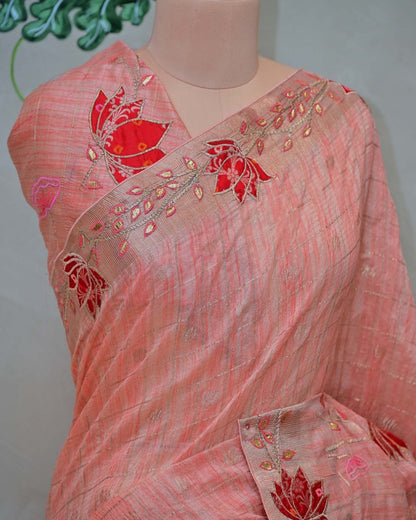 Peach Handloom Check with Floral Embroidery image 1