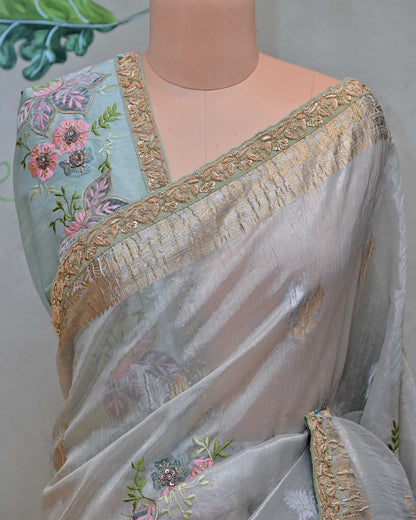 Gray Tissue Saree with Sky Blue Floral Patchwork image 2