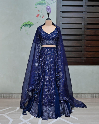 Midnight Blue Organza Lehenga with Sequin Embroidery image 1