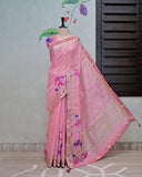 Pink Handloom Saree with Kairi Applique Embroidery image 1