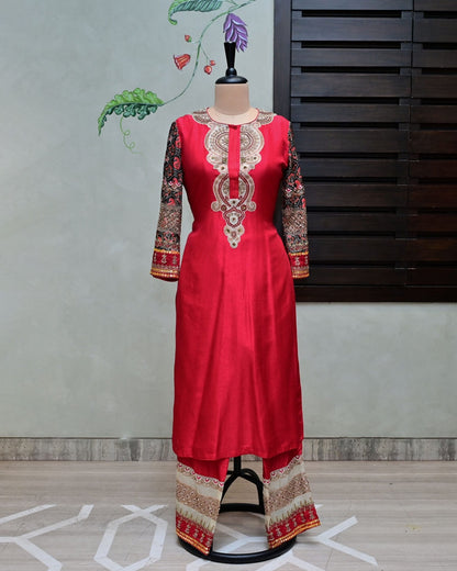 Red Silk Suit with Embroidered Pants image 0