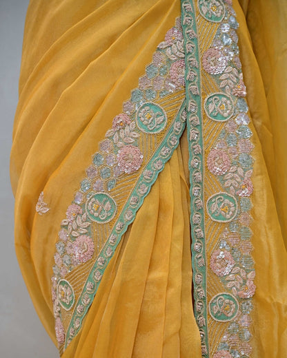 Yellow Tissue Saree with Sequence and Cutdana Work image 2