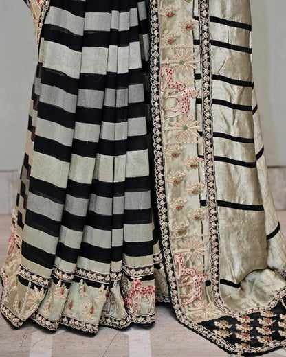 Black Khaddi Saree with White Stripes image 4