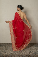 cherry Red Organza Saree With Full Zardozi Handwork