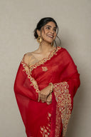 cherry Red Organza Saree With Full Zardozi Handwork
