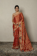 Red Striped Banarasi Tissue Saree With Zardozi & Resham Peacock