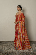 Red Striped Banarasi Tissue Saree With Zardozi & Resham Peacock